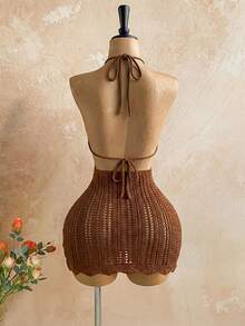 Soleia 女士度假浪漫性感蓝色V领修身海星装饰露背蝴蝶结针织迷你连衣裙，休闲、约会、下午茶、海滩、邮轮、公路旅行、音乐节、派对、波西米亚风、嬉皮风、西部风，可内可外穿，适合所有季节 - 咖啡棕 - 查看 2