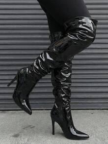 Rovax 女士尖头侧拉链细高跟秋冬靴，性感夜店紧身靴，过膝靴，黑色真皮/漆皮靴，高跟鞋 - 黑色 - 查看 4