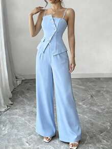 SHEIN Clasi Women's Solid Color Button Camisole And Wide Leg Pants Casual 2 Pieces Set - Baby Blue - View 4