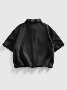 ROMWE MEN Street Life Men's Loose Fit Denim Jacket With Pearl Embellishment - Dark Grey - View 4