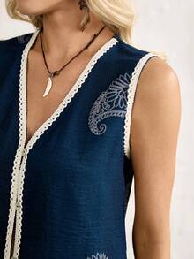 Breezaya 新款夏季女式上衣，夏季套装，蓝色印花无袖开衫，蓝色贝壳纽扣设计，蓝色女式背心，蓝色女式开衫背心，蓝色女式上衣，波西米亚风女式上衣，蓝色蕾丝上衣，户外女式上衣，沙滩套装，休闲女式上衣，背心，假日套装，度假套装。女士沙滩上衣，波西米亚风上衣，海军蓝上衣，贝壳上衣，波西米亚风夏季上衣 - 藍色 - 查看 5