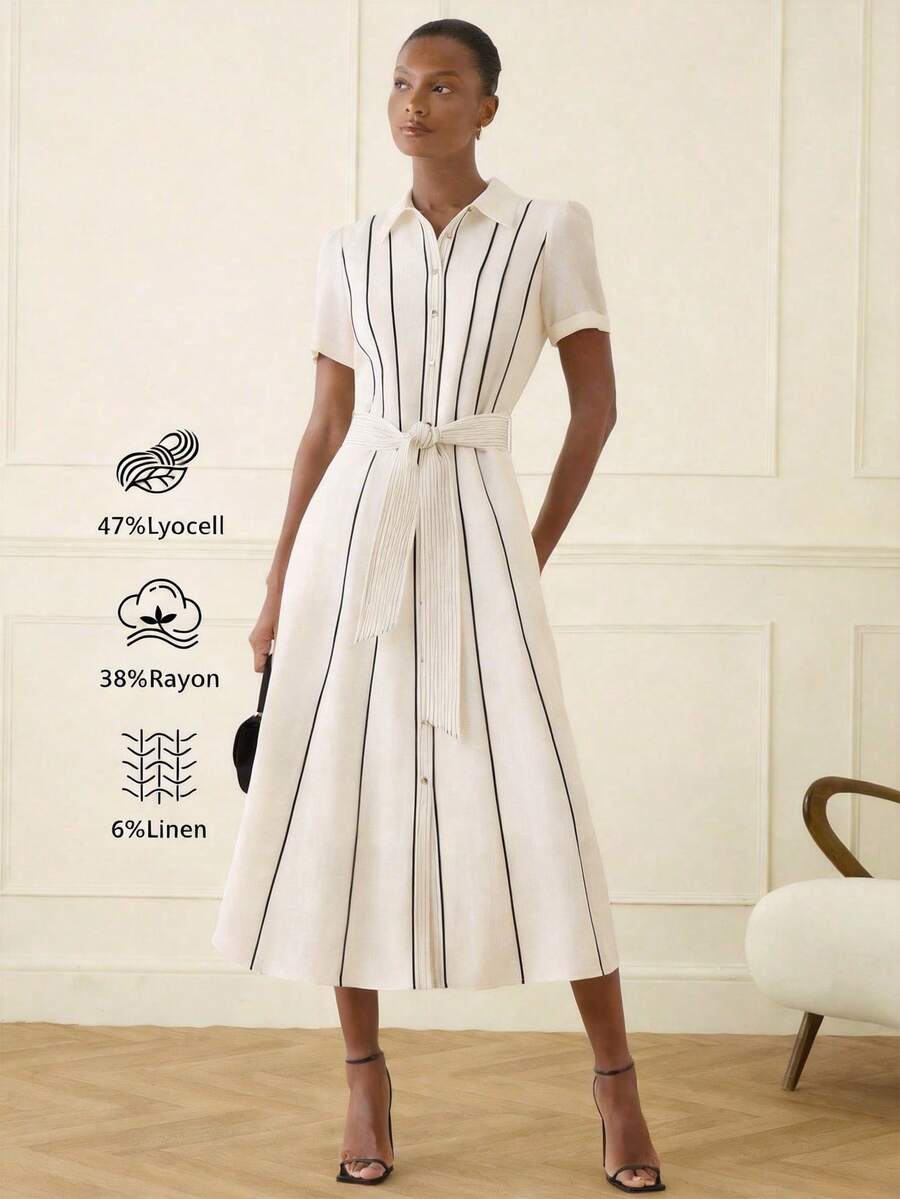 Lilora Đầm sơ mi tay ngắn thắt eo kẻ sọc thanh lịch dành cho nữ - trắng - Xem 1