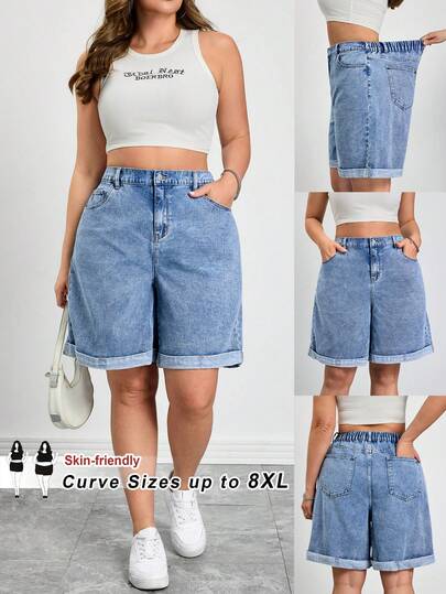 SHEIN CURVE+ Plus Size Women Pocketed Button Casual Versatile Daily Wear Denim Shorts Spring To Summer Carnival Costume Commuting Vacation Graduation Chic Y2k Cute Streetwear Party Wedding Elegant Business Casual Woman Casual Light Wash Denim Bermuda Shorts With Rolled Cuffs And Pockets Blue