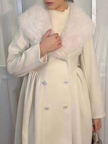 Aless PB Chaqueta elegante con estilo de palacio, cuello de piel sintética, decoración de botones de perlas, con un toque romántico y juvenil. Abrigo de mezcla de lana de estilo chic para mujer, ideal para el invierno - Albaricoque - Ver 5