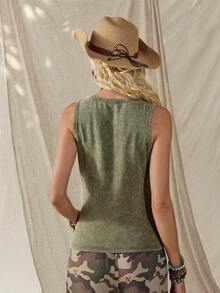 Wildy Women's Olive Green Boho Summer Casual Sleeveless Top,Cotton Vintage Distressed Music Festival Western Outfits,Daily Wear Occasion Basic Tops - Green - View 3