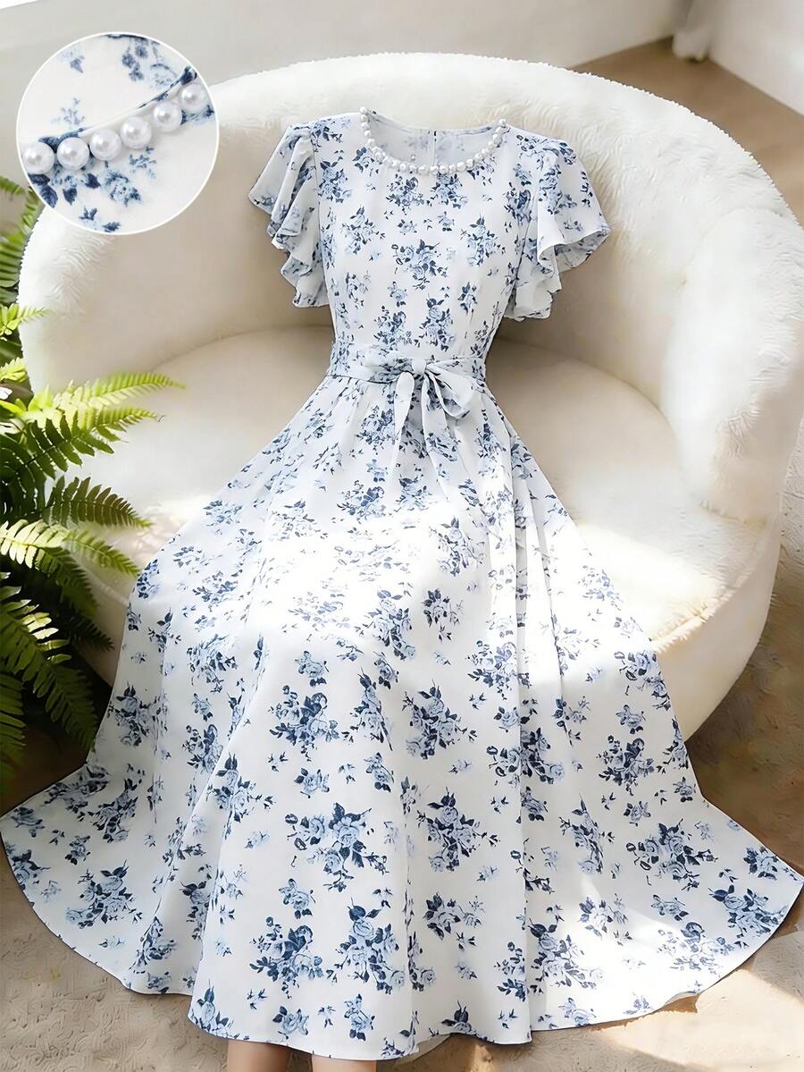 GlowEve Women's Floral Rose Print Round Neck Waist A-Line Flare Sleeve Vacation Daily Elegant Commute Fashion Valentine's Day Date French Street Retro Versatile Party White Base Blue Rose Print Early Spring/Spring Summer Cap Sleeve New Mid-Length Dress - Multicolor - View 1