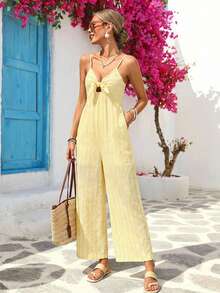 Vivid Eden 女士度假休闲条纹连体裤 - 鵝黃色 - 查看 13