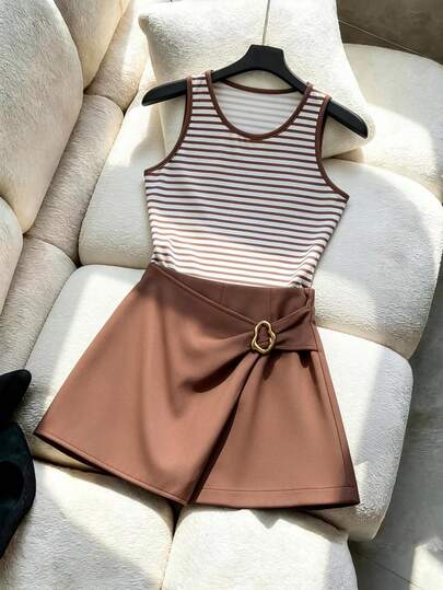 Franclia Women's Striped Round Neck Tank Top And Metal Decor Skorts 2-Piece Set