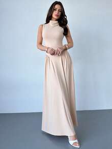 Firerie Women's Elegant Daily Commute Casual Travel Vacation Dress, Apricot Khaki Sleeveless Stand Collar Waist A-Line Slimming Graceful Dress, Beach Dress Outfit, Vacation Dress Outfit, Teacher Dress Outfit - Khaki - View 3