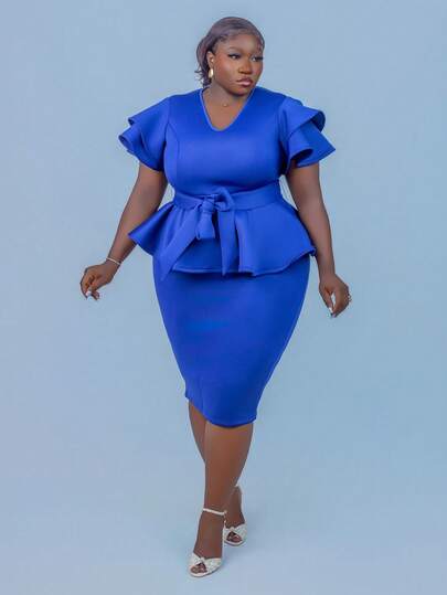 CurvyTilda 春夏优雅朴素派对婚礼鸡尾酒会情人节音乐会/音乐节海军蓝针织 V 领荷叶边袖腰带荷叶边下摆中长无袖大码套装女士音乐会服装女士教堂服装女士节日服装女士优雅服装生日服装全白派对服装女士节日服装节日服装婚礼宾客服装