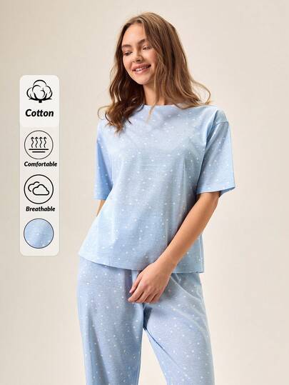 Loomlin Women Cotton 2Pcs Contrast Colour Star Patterned Short Sleeve Shirt & Long Pants Homewear Comfort Pajama Set