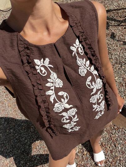 DAZY 女士无袖圆领印花宽松休闲背心