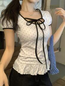 DAZY Women's Polka Dot Twist Ruched Fitted Casual T-Shirt - White - View 5