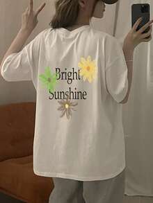 DAZY Damen Buchstaben- und Blume Muster Oversized T-Shirt mit Drop Shoulder, Grafik-Tees für Frauen - Weiss - Übersicht 7