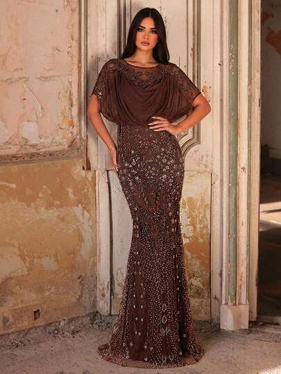 Aureia Elegant Luxurious Beaded, Sequin, Embroidered Floral Patchwork Elastic Knit Mesh Ruched Mermaid Skirt, Suitable For Weddings, Parties, Holidays, Bridal, Mother Of The Bride Formal Gowns Brown Dresses Classy Elegant Brown Formal Dress Chocolate Brown Dress Bronze Dress Brown Wedding Guest Dress