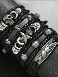 ROMWE Grunge Punk 5 件/套，朋克复古骷髅头，星形时尚 PU 男士手链，女士手链，精选礼品。 - 黑色-A - 查看 3