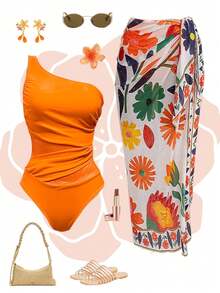 SHEIN Swim Oasis Swim Oasis New Arrival Elegant 2pcs Bikini Set, Orange Sexy Sheer Mesh Panel One Shoulder Cutout One-Piece Swimsuit With Vibrant Tropical Floral Print Sheer Chiffon Sarong Cover Up Set,Maxi/Long Skirt/Dress, Summer Beachwear Featuring Sunflower, Green Leaf, Lotus & Exotic Tropical Plant Patterns, Pool Party Outfit, Resort Vacation Essentials, Boho Chic Bathing Suit, Matching Sheer Wrap Skirt, Bold Floral Pattern, Poolside Fashion, Summer Beach Vacation Fashion Essentials - Multicolor - View 3
