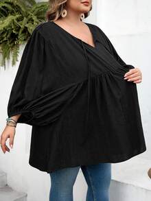 SHEIN CURVE+ Curve 尺码 US22 音乐节、海滨度假、波西米亚风女士纯色系带褶皱休闲百搭通勤灯笼袖衬衫 - 黑色 - 查看 4