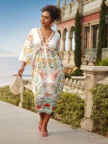 Travachic Rochie maxi cu mânecă lungă și imprimeu floral tropical pentru femei, mărime mare, rochie lejeră cu papion, decolteu în V, spate fără bretele, rochie cu decor cu volane, rochie romantică pentru sărbători și întâlniri insulare - Multicolor - Vizualizare 4