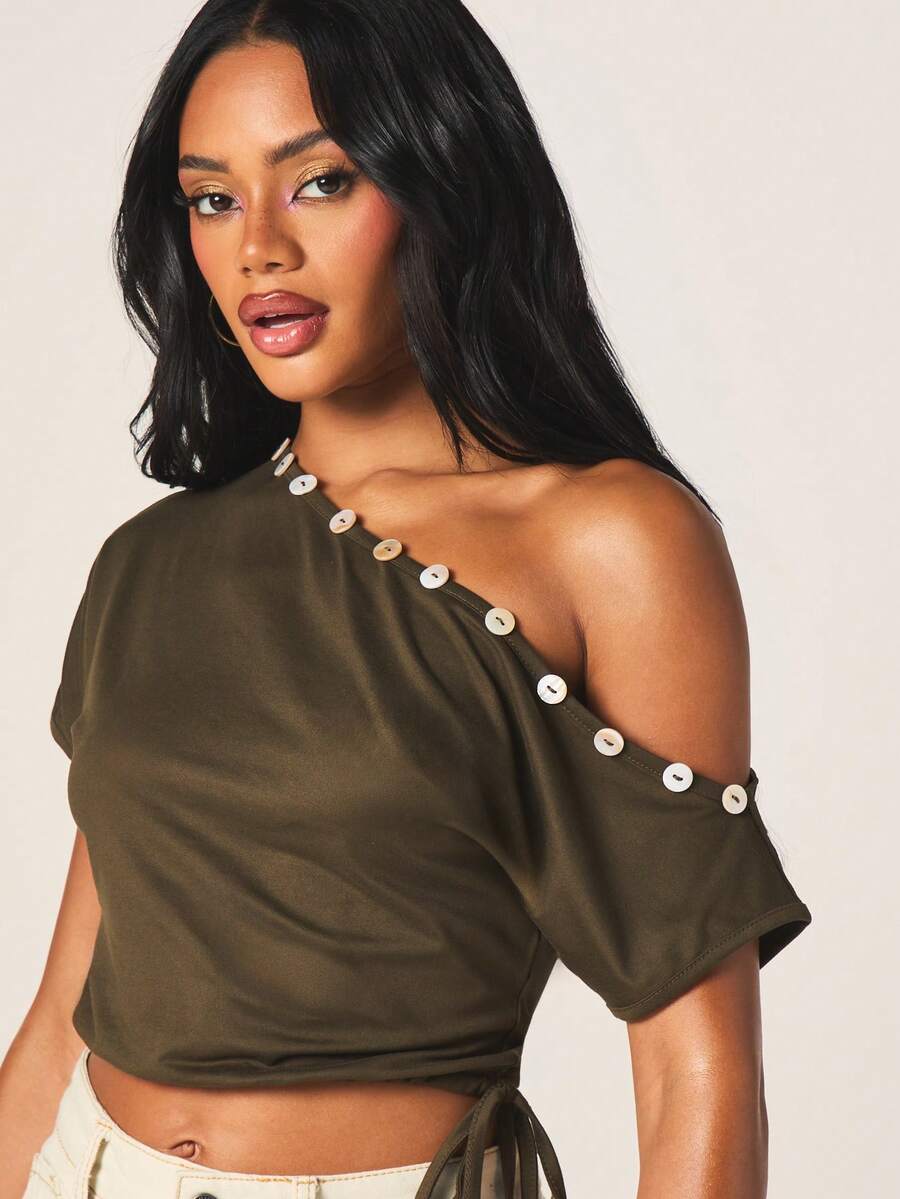 MISSGUIDED Women's Off-Shoulder Button Detail Cropped Short Sleeve Olive Green Tie Front Top - Army Green - View 1