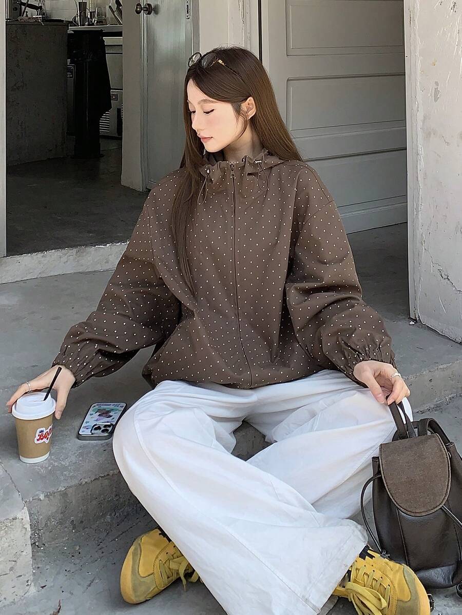 DAZY 女士常规款连帽全印花夹克 - 咖啡棕 - 查看 1