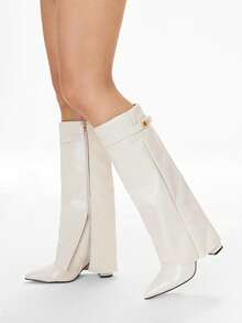 Glitzique 2025秋冬春夏新款欧美尖头高筒女靴，修身直筒，坡跟骑马靴 - 米色 - 查看 10