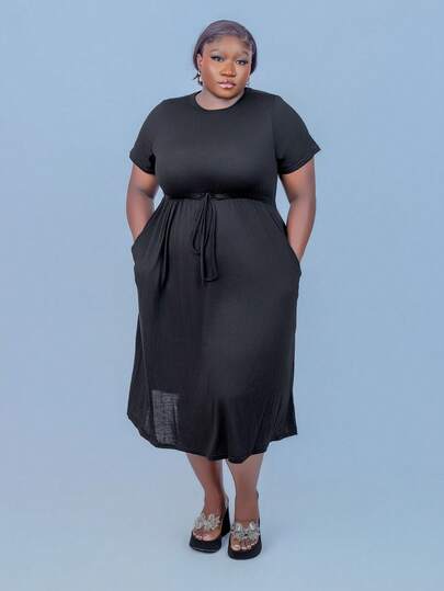CurvyTilda Plus Size Women's New Summer Fashion Casual Solid Color Waist Strap A Hem (With Pockets) Long Short-Sleeved Dress