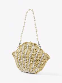 Viva Strut 女士单肩包、流浪包、草编包、珍珠贝壳造型草编包，时尚优雅，简约个性，百搭实用，适合海滩、度假、夏季、海边、沙滩派对等场合 - 米色 - 查看 2