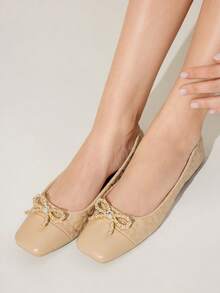 CUCCOO CHICEST Square Toe Loafers, Soft Sole Bow Decor Elegant Versatile Comfortable Slip-On Flat Apricot Shoes Wedding Shoes Spring Shoes Bride Shoes - Apricot - View 5