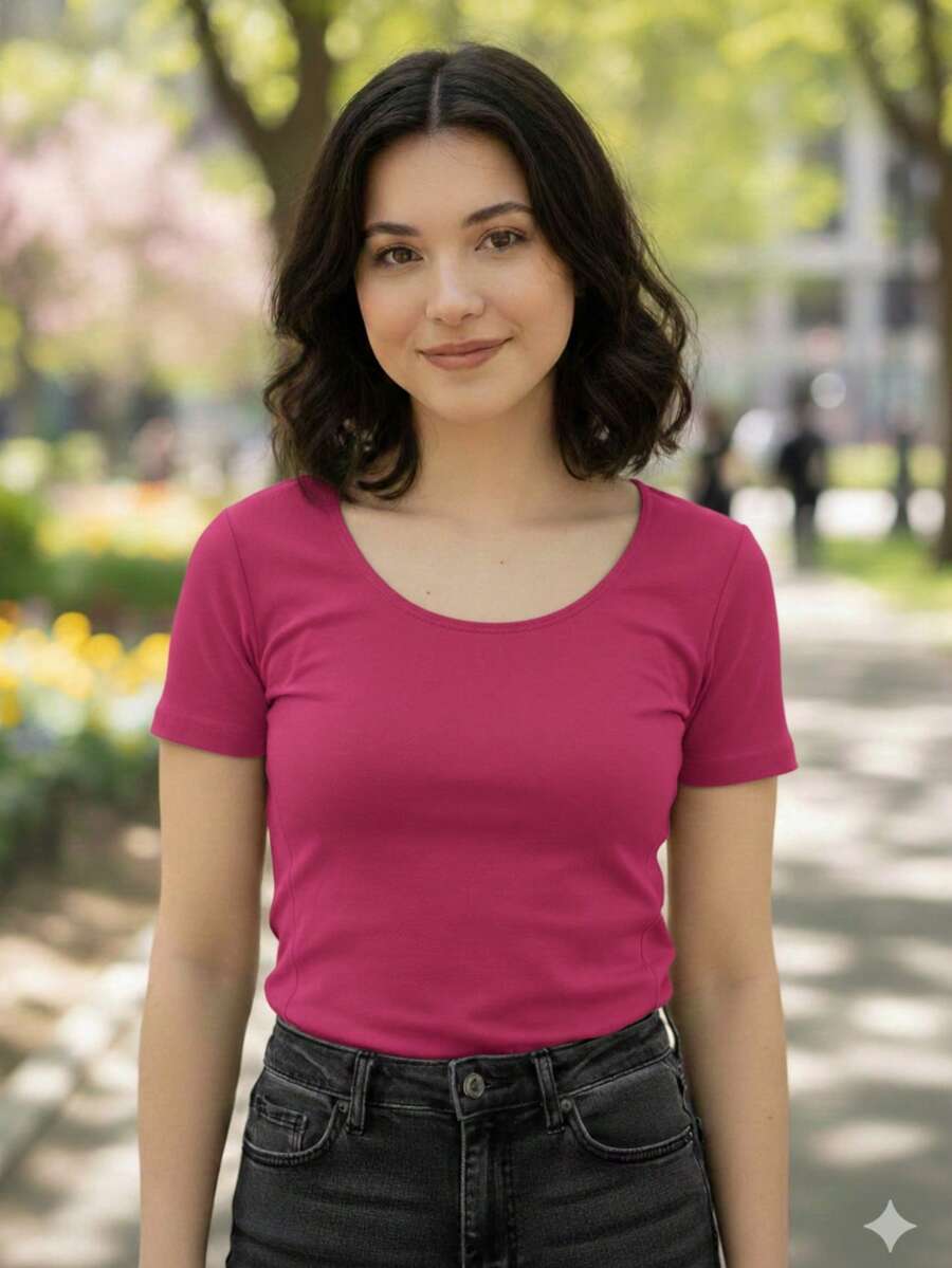 PLAYERA BASICA PARA MUJER. CAMISETA DE LICRA PARA DAMA - Rosa Fucsia - Ver 1