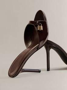 Women's Fashion Daily Versatile Slip-On Heeled Sandals With Lock Decor For Christmas - Chocolate Brown - View 5