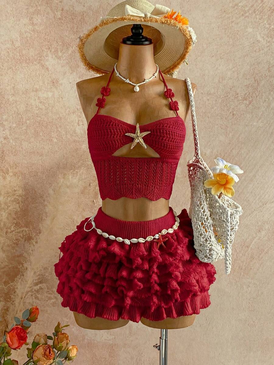 Soleia 女士纯色海星装饰系领针织上衣和针织迷你裙休闲日常套装 - 酒紅色 - 查看 1