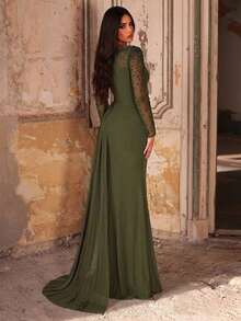 Elegant Luxury Pearl Rhinestone Design Sheer Long Sleeve Elastic Knit Ruched Mermaid Dress, Suitable For Wedding, Party, Vacation, Bride, Mother Of The Bride, Evening Gown - Army Green - View 4