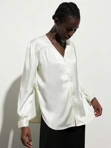Aveloria Rosie 时尚优雅宽松V领纯色长袖衬衫 - 白色 - 查看 6