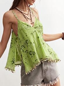 Bohemela Women's Floral Sequin Shell Trim Fashion Camisole - Green - View 1