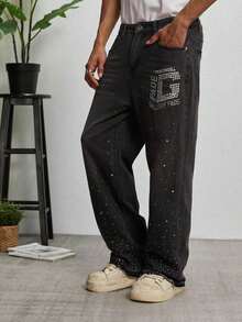 GALLERY FADE Men's Hiphop Street Fashion Rhinestone Embellished Luxury Washed Gray Straight Leg Wide Jeans - Dark Grey - View 5
