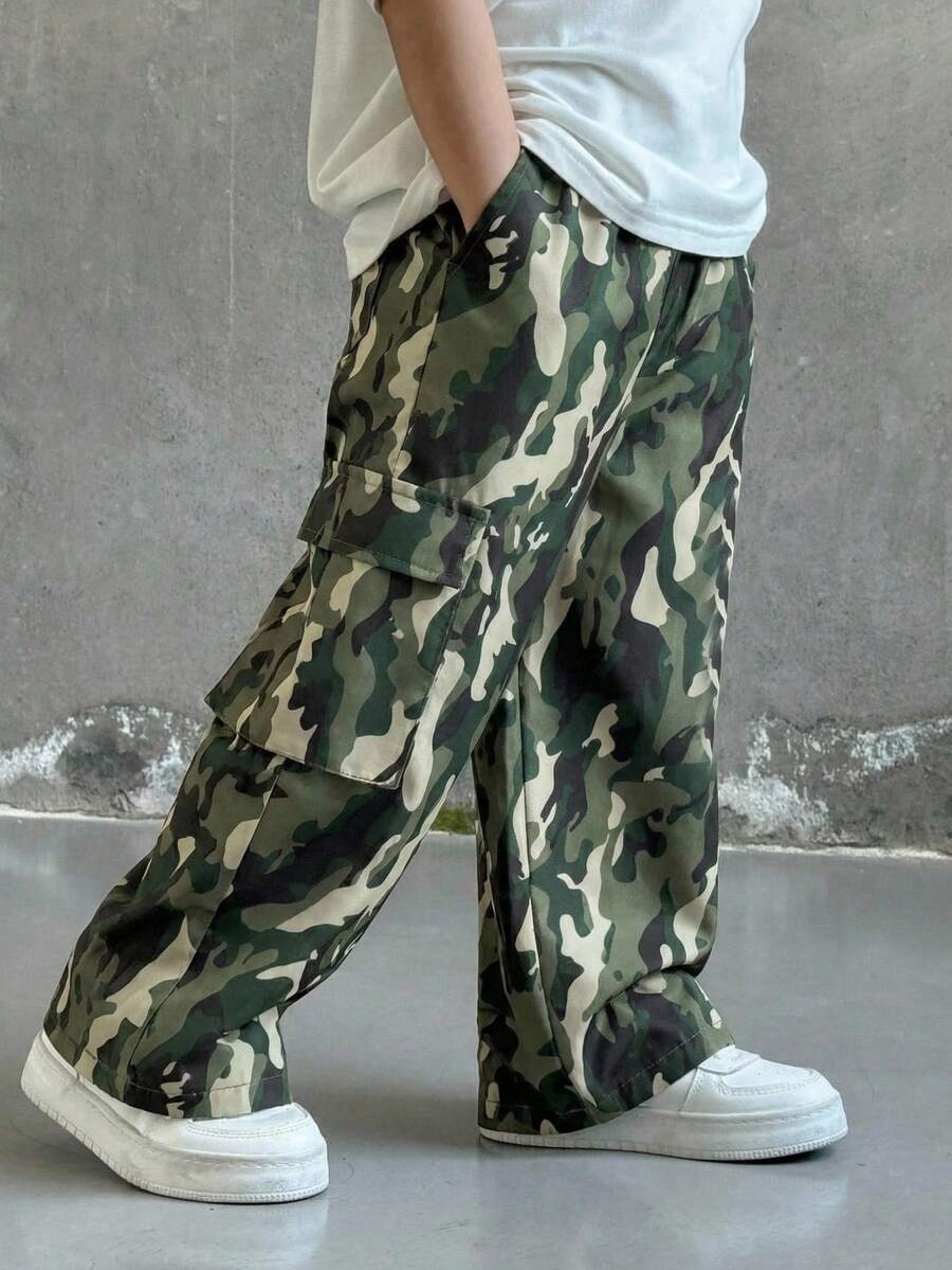 1件装男童休闲运动可爱日常舒适街头印花直筒裤，适合外出、上学、日常聚会，适合春、夏、秋、冬季节穿着。