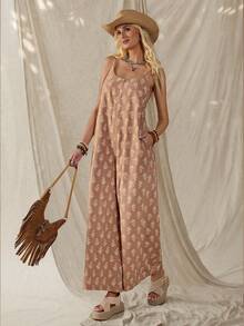 Wildy American Casual Western Country Retro Women's Spring/Summer Basic Outfit, Sleeveless Jumpsuit With Pockets For Daily Wear And Commuting - Khaki - View 5