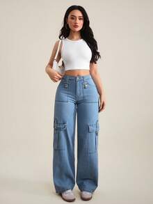 SHEIN Tall Women's Casual Versatile Flap Pocket Button Fly Wide Leg Jeans - Blue - View 5