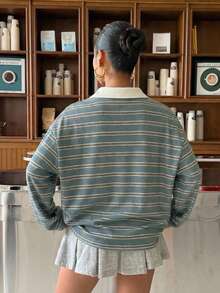 Muchica Water Duck Blue Striped Knit Casual Women Long Sleeve T-Shirt - Teal Blue - View 3