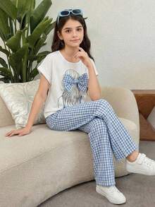 SHEIN 两件套少女休闲人像印花蝴蝶结装饰宽松T恤和格子阔腿裤套装 - 藍色 - 查看 8