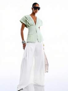 LYSMO 2026 New Arrive Minimalism Spring/Summer Women's Pleated Waist Cap Sleeve Blouse - Mint Green - View 6
