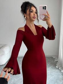 Elenzga Women's Elegant Halter Neck Patchwork Flare Sleeve Long Sleeve Dress, Autumn - Burgundy - View 3