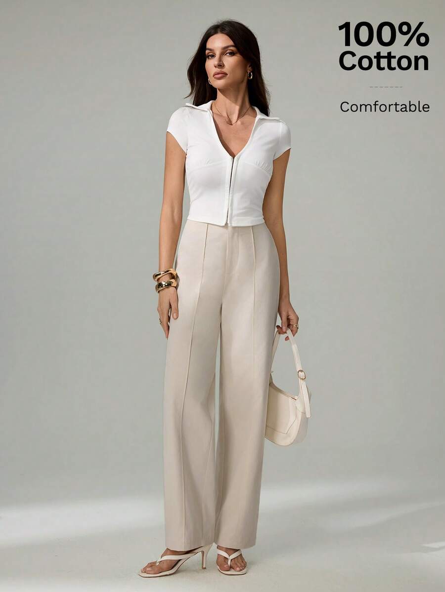 SHEIN Tall 夏季女士浅米色100%纯棉休闲优雅西装裤 - 卡其色 - 查看 1