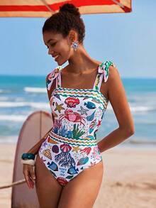 Travachic Women's Starfish & Crab Print One-Piece Swimsuit, Suitable For Beach Vacation, Pool Party, Beach Party - Multicolor - View 4