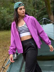 In My Nature 女士拉链口袋休闲多功能日常户外长袖雨衣 - 玫紅色 - 查看 5