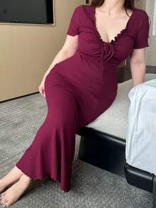 Dazy Plus Ruffled Trim Tie-Front Bodycon Plus Size Women Nightgown Loungewear Summer Pajamas - Red Violet - View 1