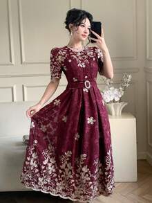 DAZY Exquisite High-End Lace Tie-Cinched Waist Embroidered Delicate Korean Style Elegant Rejuvenating Dress Sun Dresses For Women Summer - Burgundy - View 2
