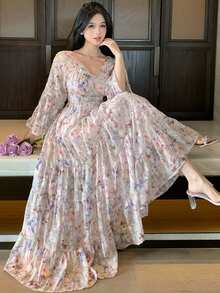 DAZY 女士方领收腰A字碎花优雅连衣裙 - 彩色 - 查看 1