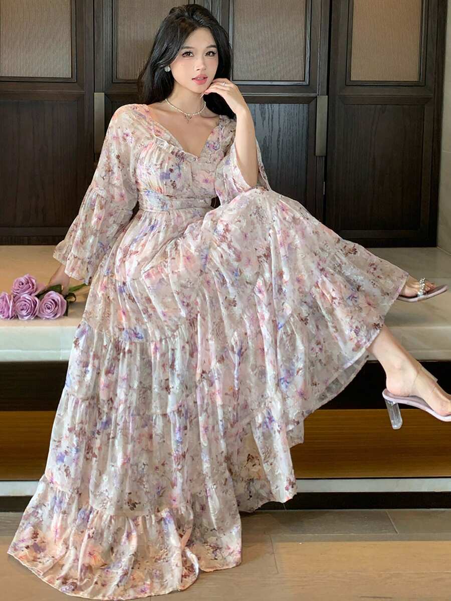 DAZY 女士方领收腰A字碎花优雅连衣裙 - 彩色 - 查看 1